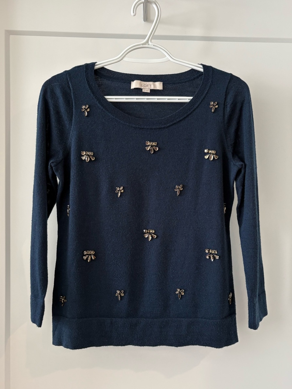 LOFT Navy Jeweled Crewneck Sweater